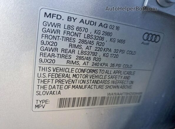 WA1VAAF73HD008489 2017 AUDI Q7 Gray Widok naklejki z numerem VIN