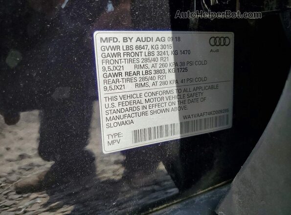 WA1VAAF74KD009285 2019 AUDI Q7 Черный Вид наклейки с VIN-кодом