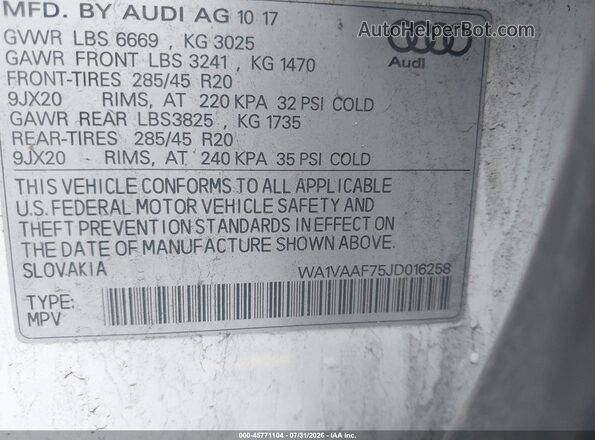 WA1VAAF75JD016258 2018 AUDI Q7 White Vista del compartimento del motor