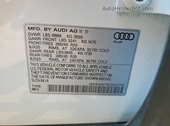 WA1VAAF76JD022179 2018 AUDI Q7 White Widok naklejki z numerem VIN