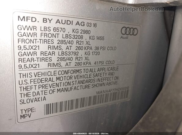 WA1VAAF77HD010312 2017 AUDI Q7 Silver Engine compartment view