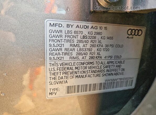 WA1VAAF78HD002641 2017 AUDI Q7 Gray VIN კოდის სტიკერის ხედი