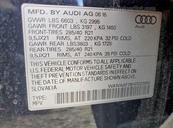 WA1VAAF78HD020654 2017 AUDI Q7 Black Vista de la etiqueta del VIN