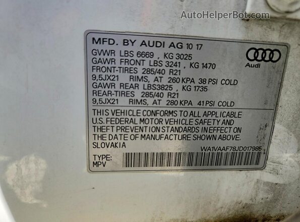 WA1VAAF78JD017985 2018 AUDI Q7 White VIN sticker view
