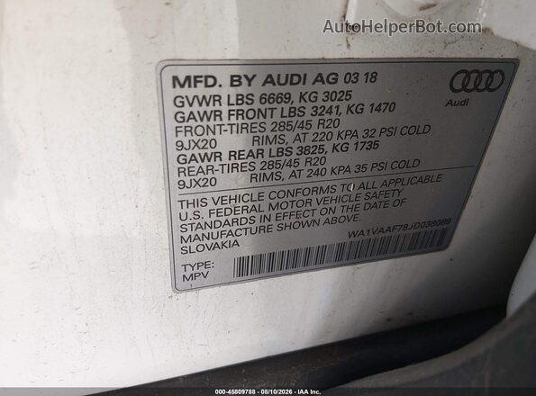 WA1VAAF78JD038089 2018 AUDI Q7 White Շարժիչի բաժամունքի տեսք