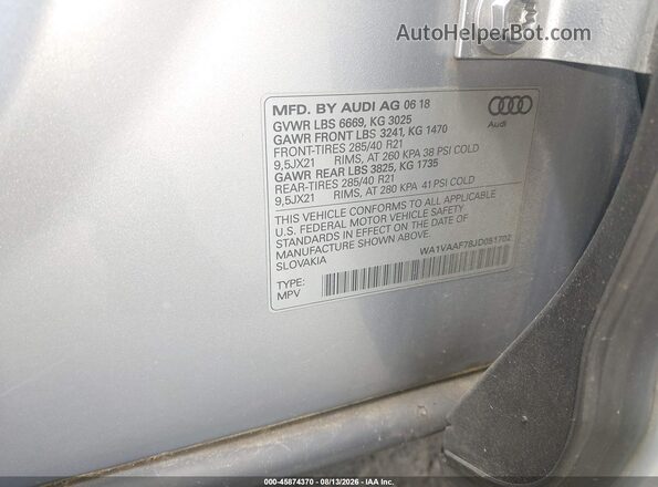WA1VAAF78JD051702 2018 AUDI Q7 Silver Engine compartment view