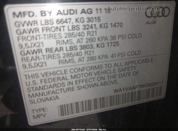 WA1VAAF79KD023411 2019 AUDI Q7 Black Շարժիչի բաժամունքի տեսք