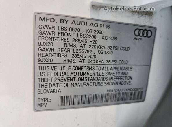 WA1VAAF7XHD006707 2017 AUDI Q7 White VIN կոդի պիտակի տեսք