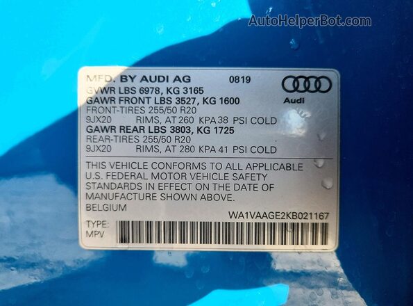 WA1VAAGE2KB021167 2019 AUDI E-TRON Бирюзовый Вид наклейки с VIN-кодом