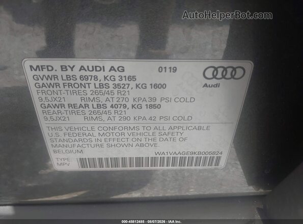 WA1VAAGE9KB005824 2019 AUDI E-TRON Gray Շարժիչի բաժամունքի տեսք