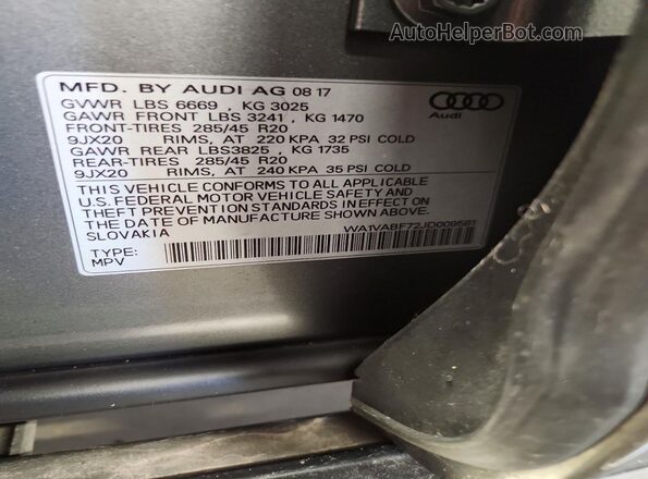 WA1VABF72JD009581 2018 AUDI Q7 Gray VIN sticker view