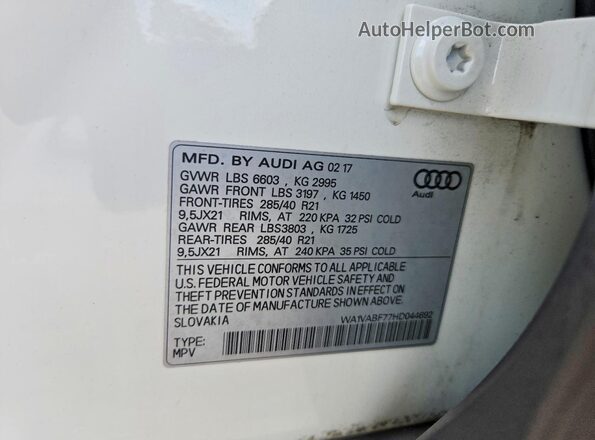 WA1VABF77HD044692 2017 AUDI Q7 White VIN sticker view