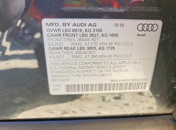 WA1VABGE3KB022561 2019 AUDI E-TRON Серый Вид наклейки с VIN-кодом