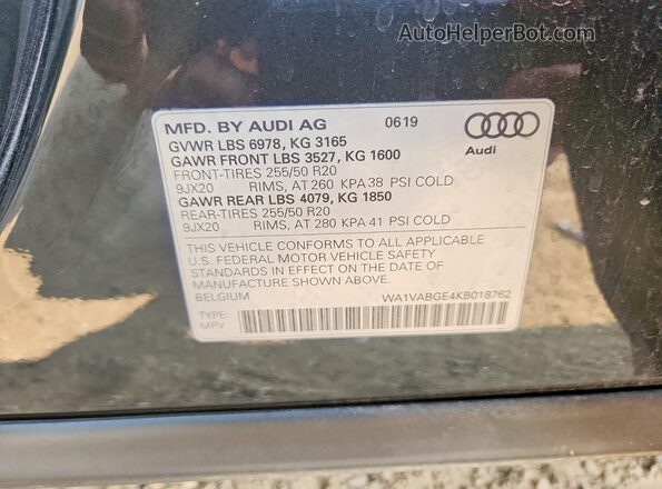 WA1VABGE4KB018762 2019 AUDI E-TRON Gray VIN կոդի պիտակի տեսք