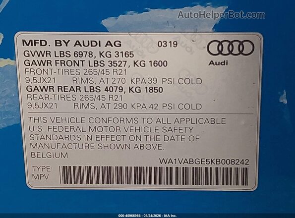 WA1VABGE5KB008242 2019 AUDI E-TRON Blue Vista del compartimento del motor