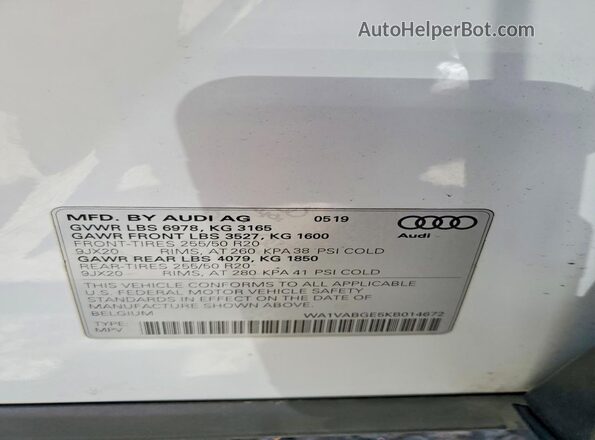 WA1VABGE5KB014672 2019 AUDI E-TRON White VIN კოდის სტიკერის ხედი