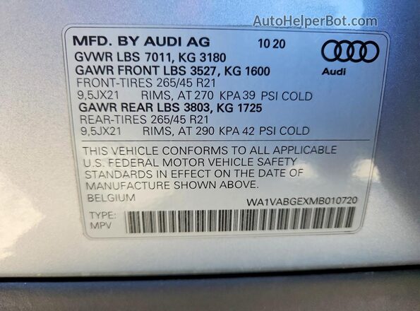 WA1VABGEXMB010720 2021 AUDI E-TRON Silver VIN կոդի պիտակի տեսք