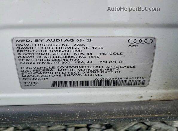 WA1W2BFZ4NP052729 2022 AUDI Q4 White Widok naklejki z numerem VIN