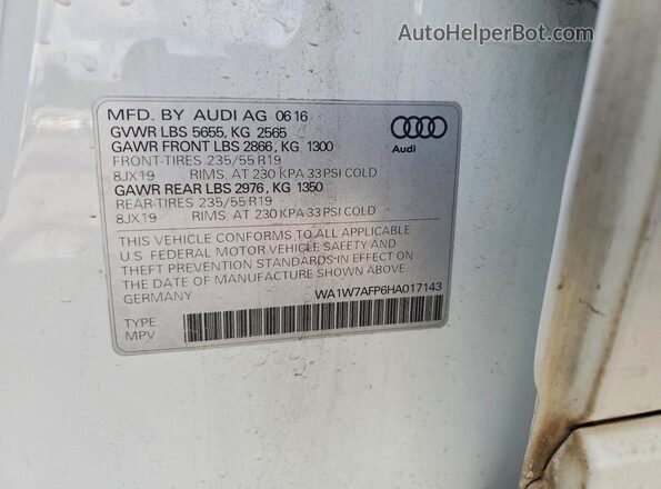 WA1W7AFP6HA017143 2017 AUDI Q5 White Widok naklejki z numerem VIN