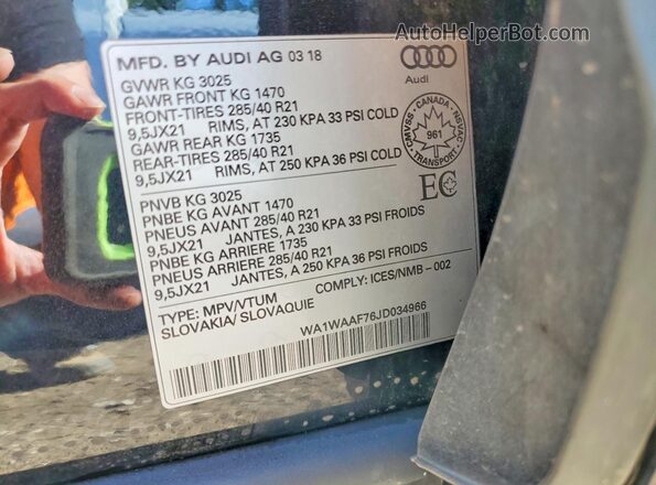 WA1WAAF76JD034966 2018 AUDI Q7 Black VIN sticker view
