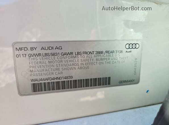 WAU44AFD4HN014839 2017 AUDI A8 White Engine compartment view