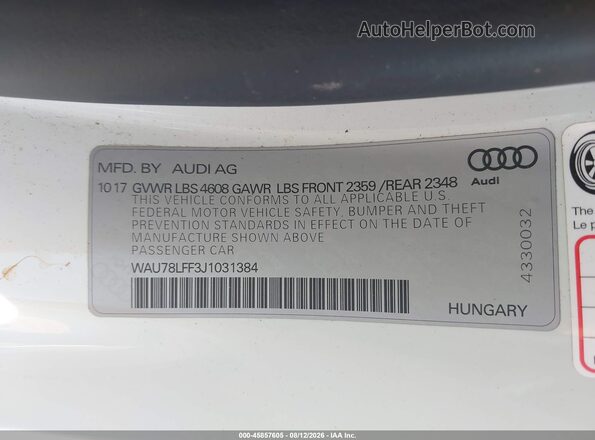 WAU78LFF3J1031384 2018 AUDI A3 White ძრავის განყოფილების ხედი