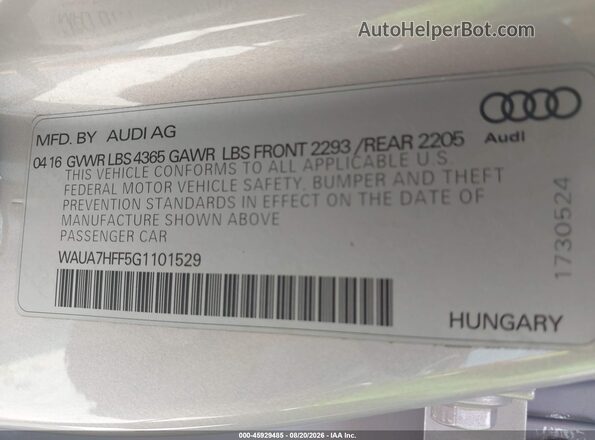 WAUA7HFF5G1101529 2016 AUDI A3 Серебряный Вид подкапотного пространства