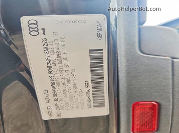 WAUABAF45MA078592 2021 AUDI A4 Серый Панорамный вид салона 360°