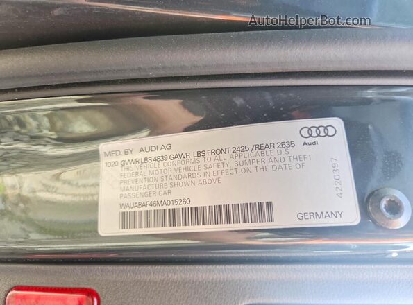 WAUABAF46MA015260 2021 AUDI A4 Gray VIN sticker view