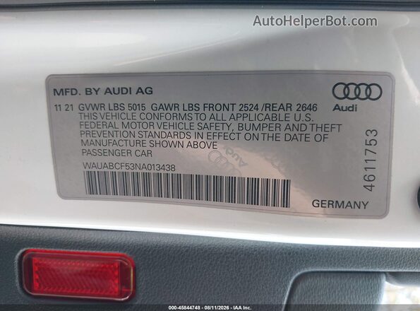 WAUABCF53NA013438 2022 AUDI OTHER Белый Вид подкапотного пространства
