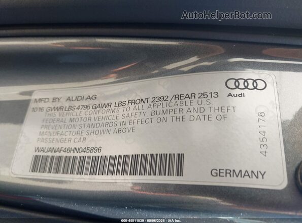 WAUANAF46HN045896 2017 AUDI A4 Серый Вид подкапотного пространства