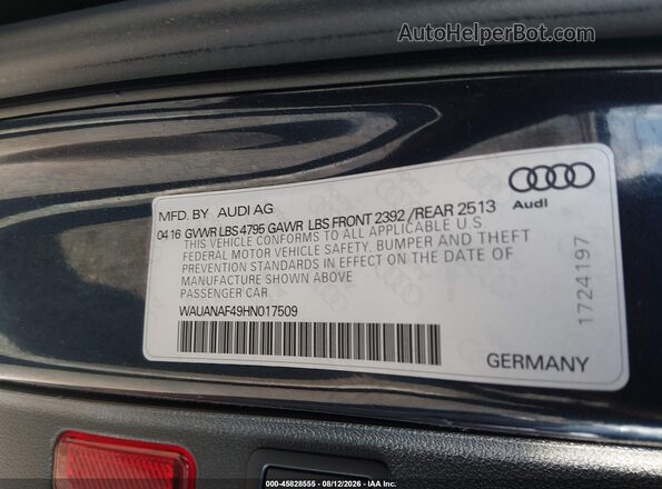 WAUANAF49HN017509 2017 AUDI A4 Dark Blue Vista del compartimento del motor