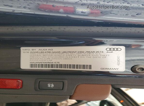 WAUANAF4XHN041575 2017 AUDI A4 Угольный Вид наклейки с VIN-кодом