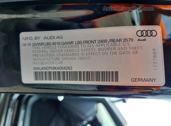 WAUANCF56KA054262 2019 AUDI A5 Black Vista de la etiqueta del VIN