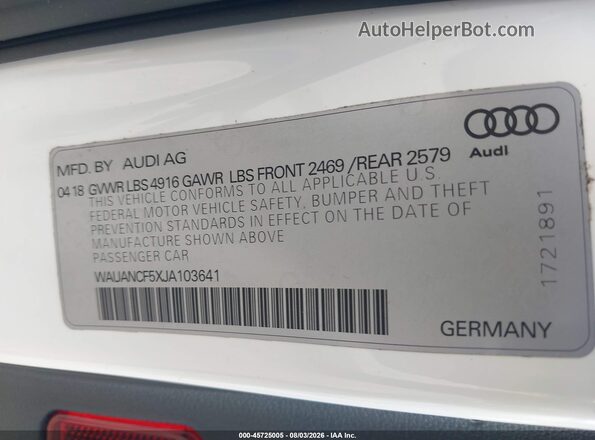 WAUANCF5XJA103641 2018 AUDI A5 White Vista del compartimento del motor