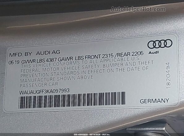WAUAUGFF3KA097993 2019 AUDI A3 Серебряный Вид подкапотного пространства