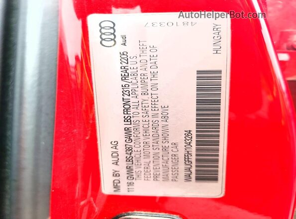 WAUAUGFF5H1043264 2017 AUDI A3 Red Vista del compartimento del motor