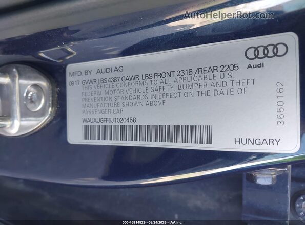 WAUAUGFF5J1020458 2018 AUDI A3 Синий Вид подкапотного пространства