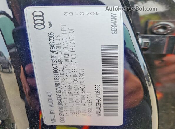 WAUAUGFF8LA105569 2020 AUDI A3 Black Vista de la etiqueta del VIN