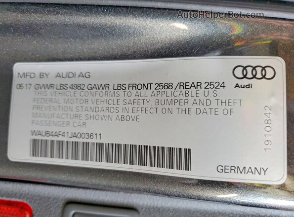WAUB4AF41JA003611 2018 AUDI S4 Gray Engine compartment view
