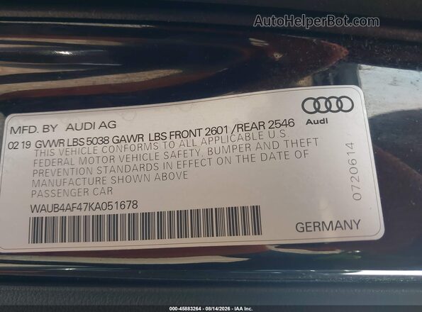 WAUB4AF47KA051678 2019 AUDI S4 Black Շարժիչի բաժամունքի տեսք