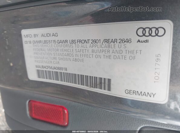 WAUB4CF56JA088918 2018 AUDI S5 Gray Вид підкапотного простору