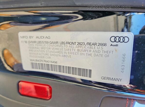 WAUB4CF57KA016496 2019 AUDI S5 Черный Вид наклейки с VIN-кодом