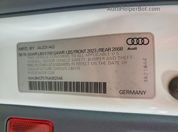 WAUB4CF57KA082546 2019 AUDI S5 White Engine compartment view