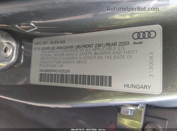WAUB8GFF4G1025295 2016 AUDI A3 Gray Вид підкапотного простору