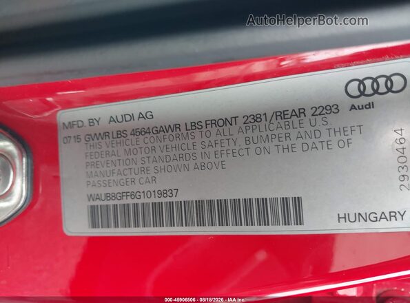 WAUB8GFF6G1019837 2016 AUDI A3 Red Engine compartment view