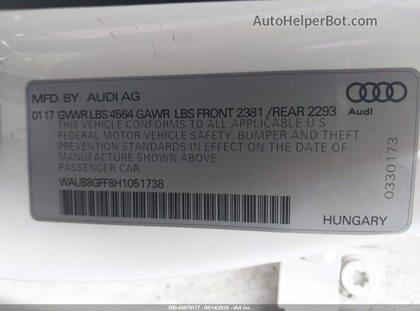 WAUB8GFF8H1051738 2017 AUDI A3 White ძრავის განყოფილების ხედი
