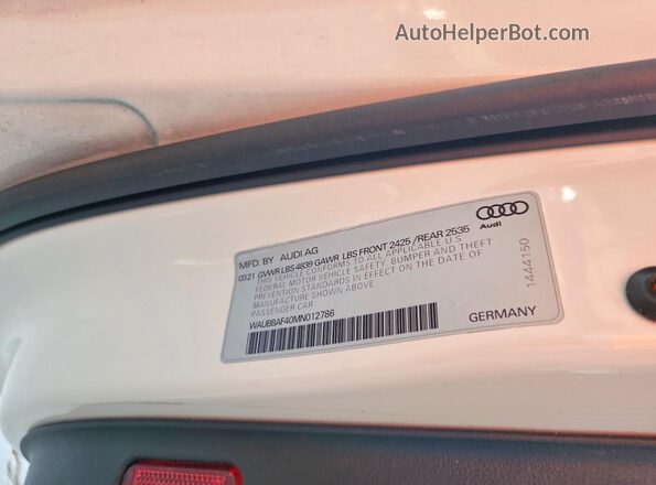 WAUBBAF40MN012786 2021 AUDI A4 White VIN կոդի պիտակի տեսք