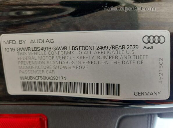 WAUBNCF56KA092174 2019 AUDI A5 Черный Вид наклейки с VIN-кодом