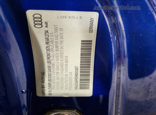WAUC4AFH3HN003457 2017 AUDI S5 Blue VIN կոդի պիտակի տեսք